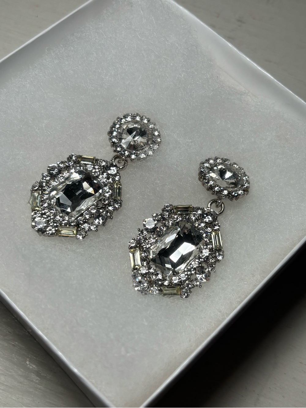 Crystal Rhinestone Halo Drop Earrings in Silver Tone
